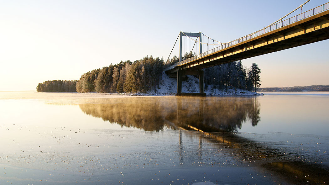 Winter landscape with a lake and with a bridge.