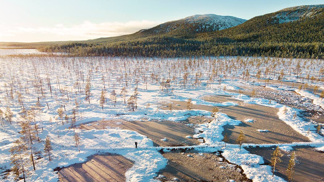 A sunny mire landscape from a bird's eye view, there is snow on the ground. In the foreground there is a narrow path with a person with a backpack. In the background are green forests and fells with snow on their tops.