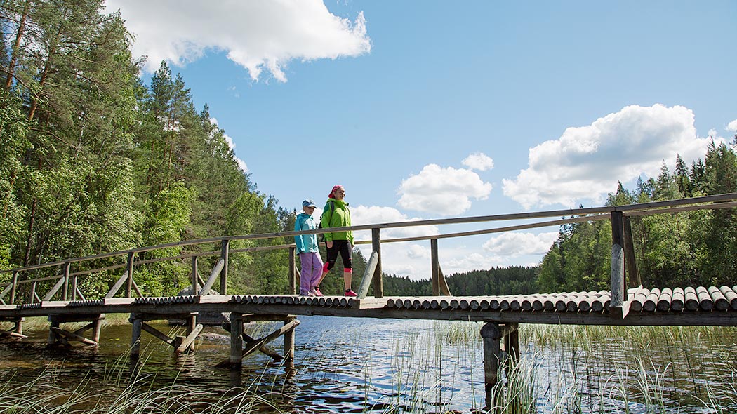 A child and an adult walking on a bridge.