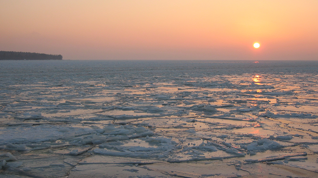 Recently frozen sea. The sun is just over the horizon.