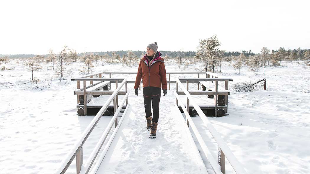 A hiker is walking along a wide broadwalk in a wintry mire landscape. The broadwalk has handrails on both sides, and a viewing platform with handrails can be seen in the background.