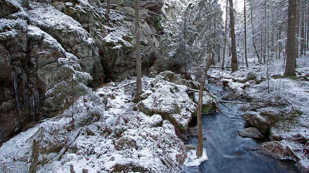 A stream flows in the forest, next to a rocky outcrop. There is a thin blanket of snow on the ground.