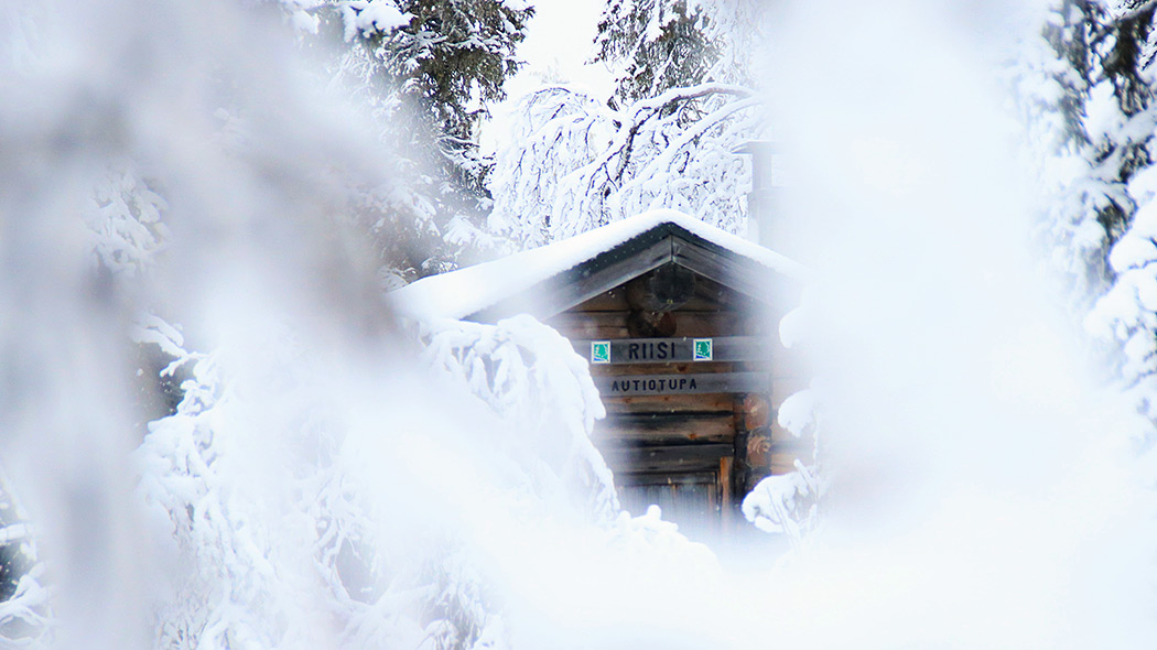 Glimpses of a wooden building can be seen behind the snow-covered branches. The text RIISI and AUTIOTUPA can be seen above the front door of the building.
