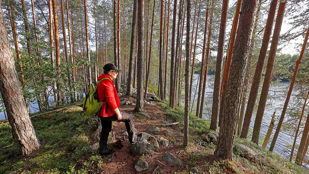 A woman is standing on a path on top of an esker and looking at a lake down below.