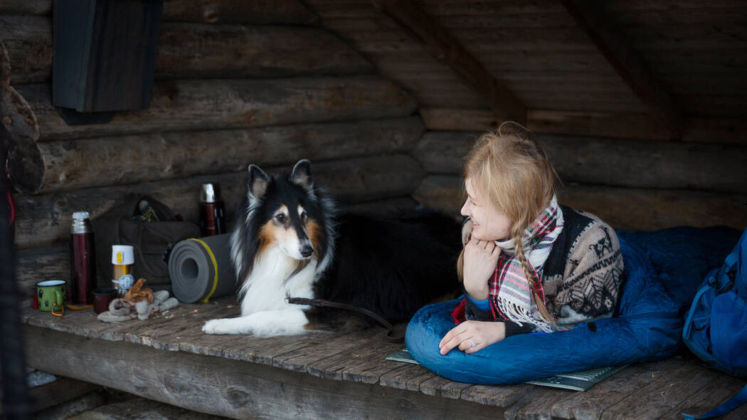 A leashed dog and a hiker lie in a shed during the winter.