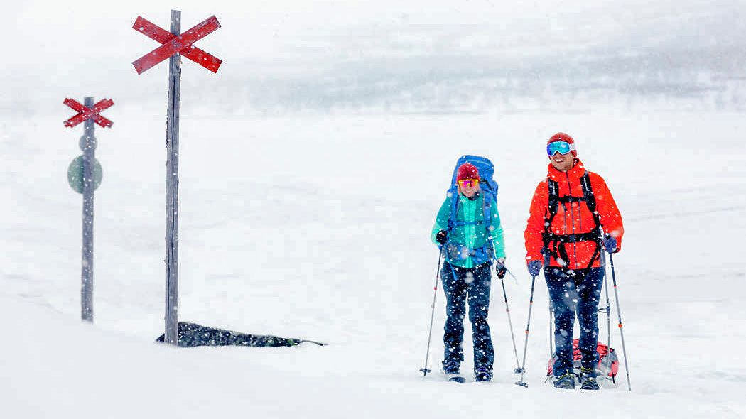 Two skiers following a cross-marked route. It's snowing. In the background a snowy landscape.