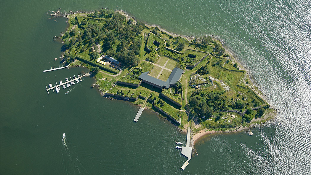 Aerial view of an island with a sea fortress.