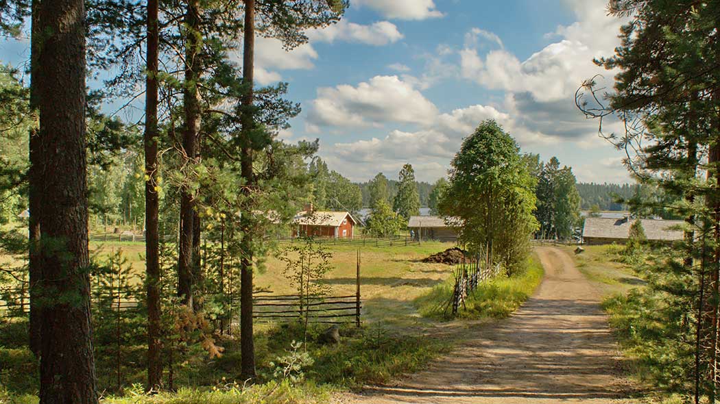 A road leads from the pineforest past the pasture to an old courtyard. The courtyard has a red main building and gray outbuildings. There are clouds in the blue sky.
