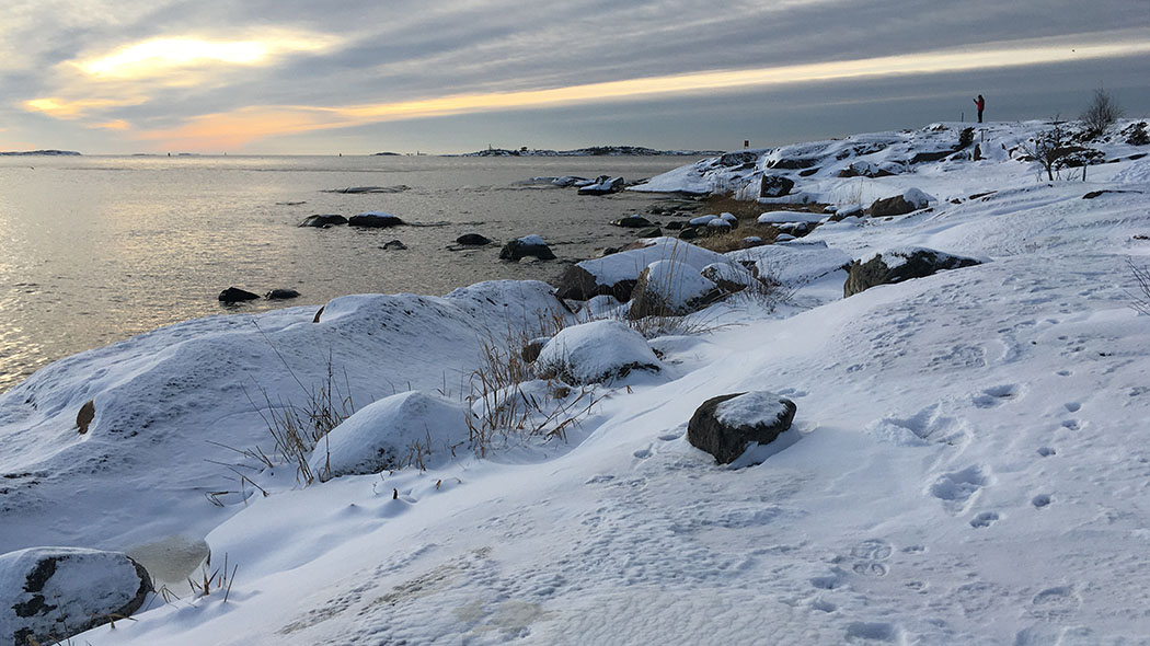 Winter landscape. Long flat rocks sloping down into the sea.