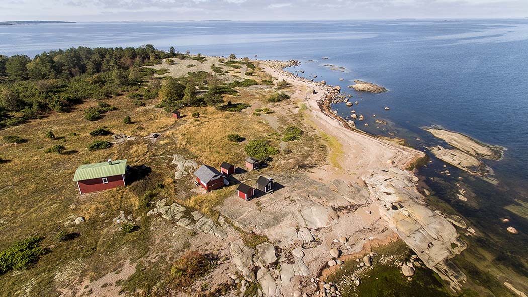 Aerial view of Koivuluoto open wilderness hut and its surroundings.