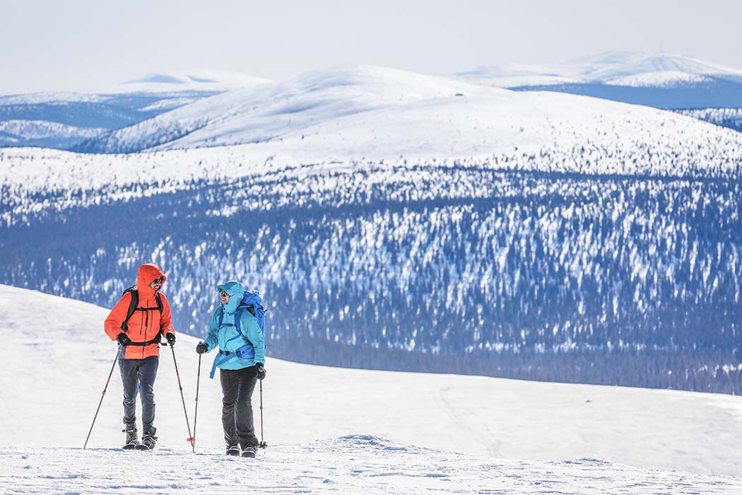 Two persons skiing on a sunny day in a snowy fell landscape in Lapland.